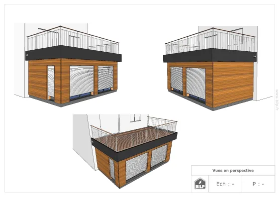 Vues en perspective d’une extension avec une terrasse en bois