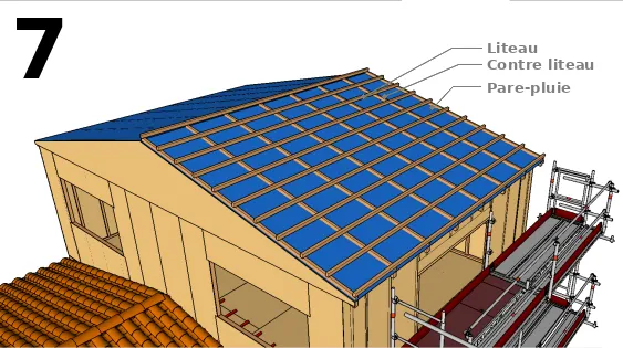 Mise hors d’eau avec la pose du pare-pluie et des liteaux