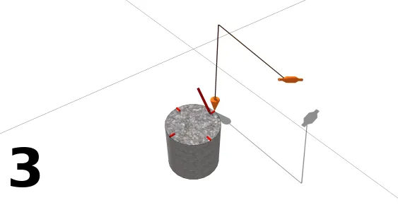 Cas d’un pied de poteau à fixer : prendre l’aplomb des intersections des cordeaux aux bords des plots