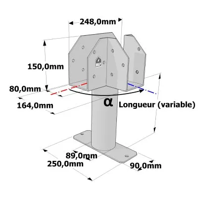 Poteau structurel OSP - D89mm - Platine haute en T 80x164x150mm - Embase rectangulaire 90x250mm
