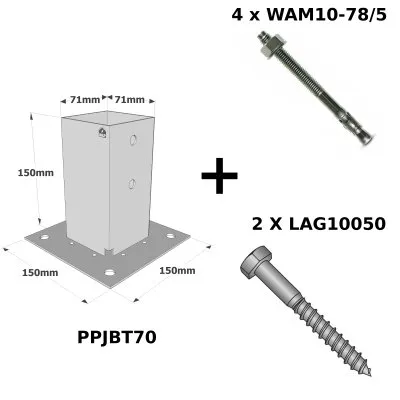 Pied de poteau carré à boulonner - Finition GALVANISEE - Réf. KIT FIX PPJBT 70
