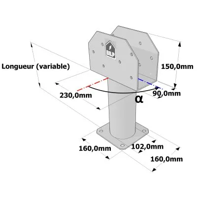 Poteau structurel OSP - D102mm - Platine haute en U 90x230x150mm - Embase 160x160mm
