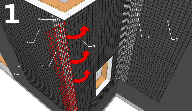 Pose des treillis en fibre de verre dans les façades