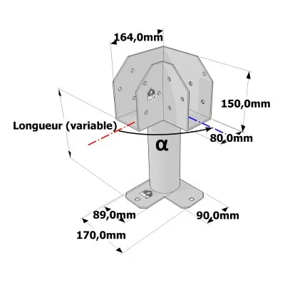 Poteau structurel OSP - D89mm - Platine haute en L 80x164x150mm - Embase en angle 90x170mm